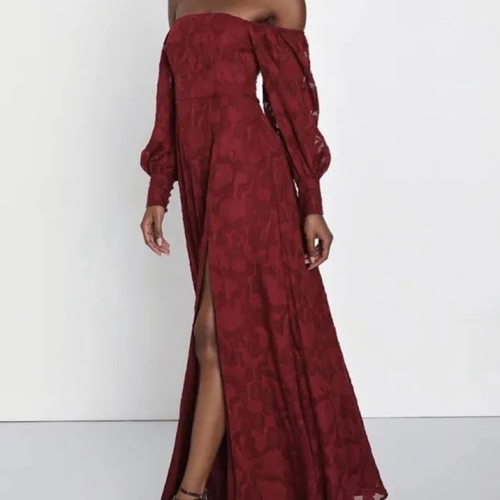 Lulus Feel the Romance Burgundy Burnout Floral Off-the-Shoulder Maxi Dress